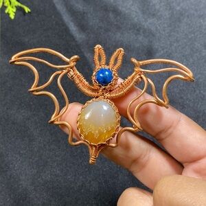 Handcrafted Copper Bat Pendant with Blue and Orange Stones